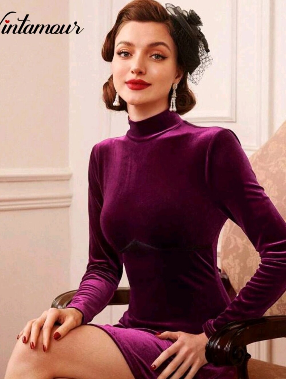 SHEIN Purple Velvet Long-Sleeve Turtleneck Mini Dress